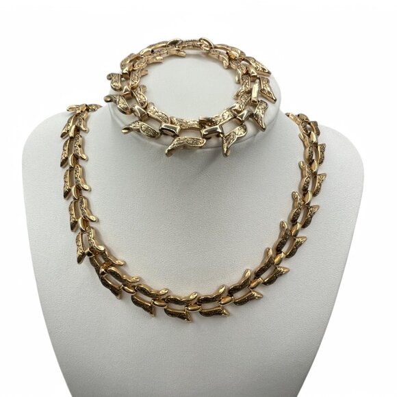 Vintage MARINO Floral Butterfly Link Necklace and Bracelet Set Gold Tone Floral - Picture 1 of 9